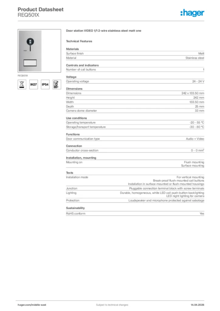 Image Hager Product data sheet REQ501X  | Hager