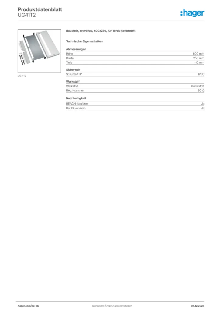 Bild Hager Produktdatenblatt UG41T2 | Hager Schweiz