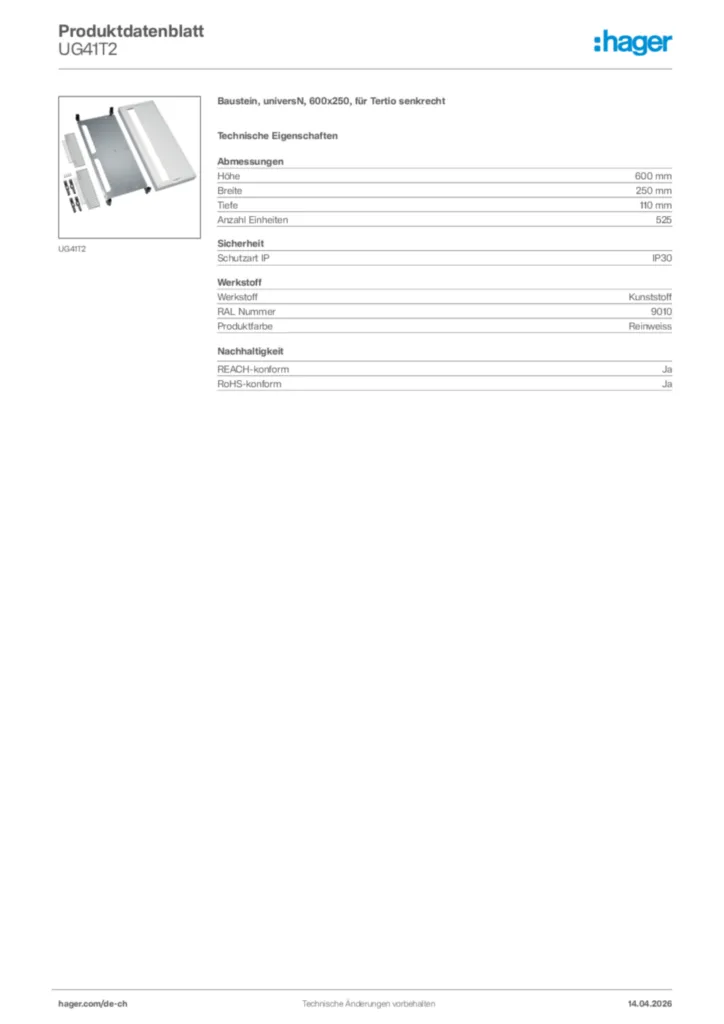 Bild Hager Produktdatenblatt UG41T2 | Hager Schweiz