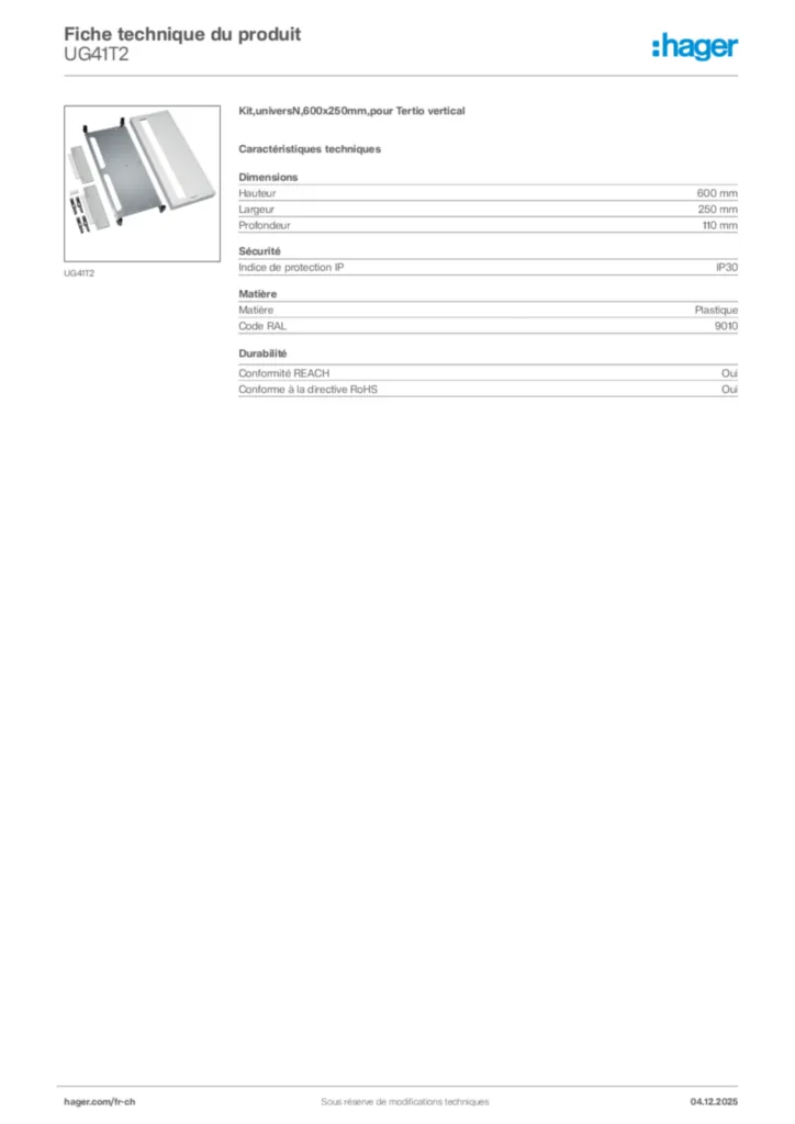 Image Hager Fiche technique du produit UG41T2 | Hager Suisse