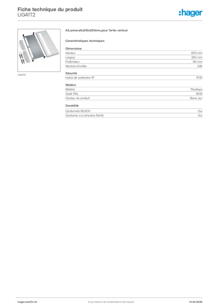 Image Hager Fiche technique du produit UG41T2 | Hager Suisse