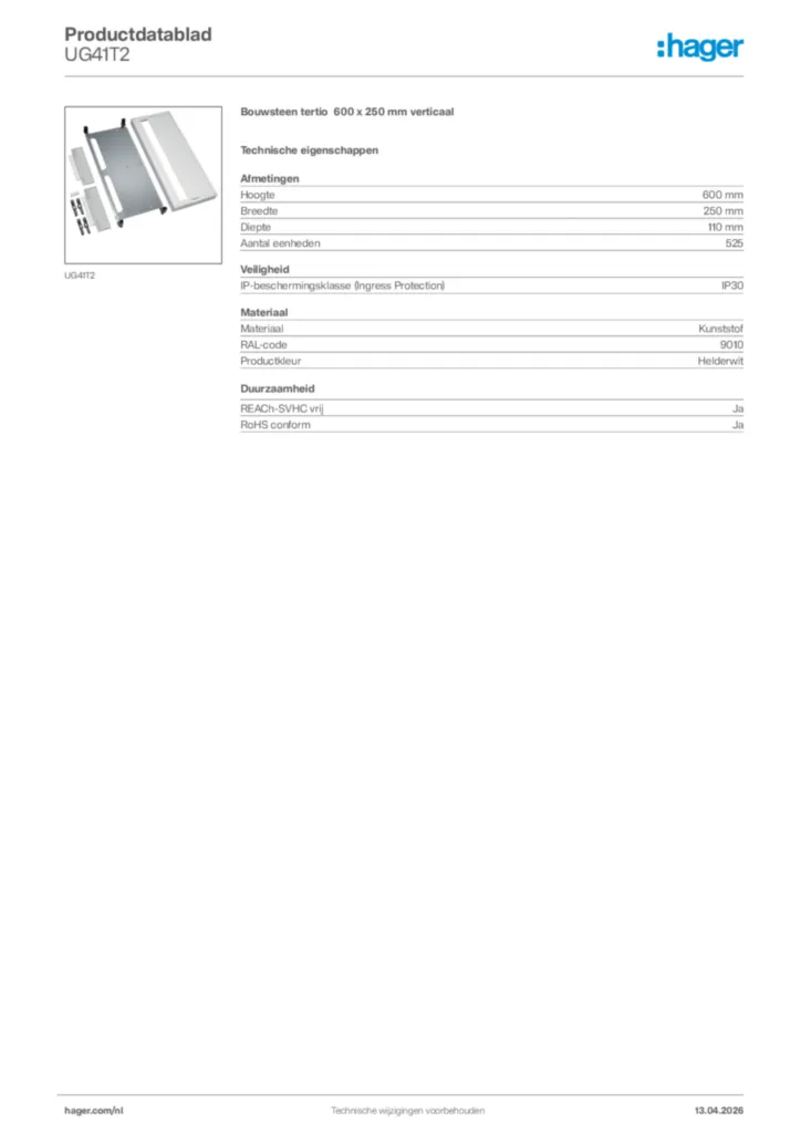 Afbeelding Hager Productdatablad UG41T2 | Hager Nederland