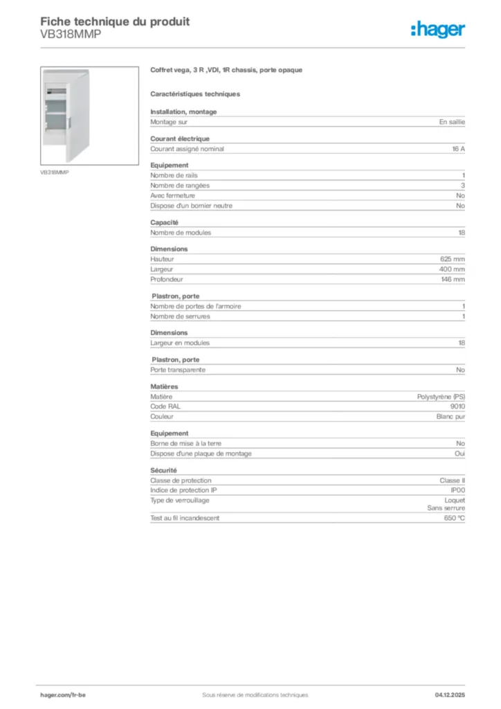 Image Hager Fiche technique du produit VB318MMP | Hager Belgique