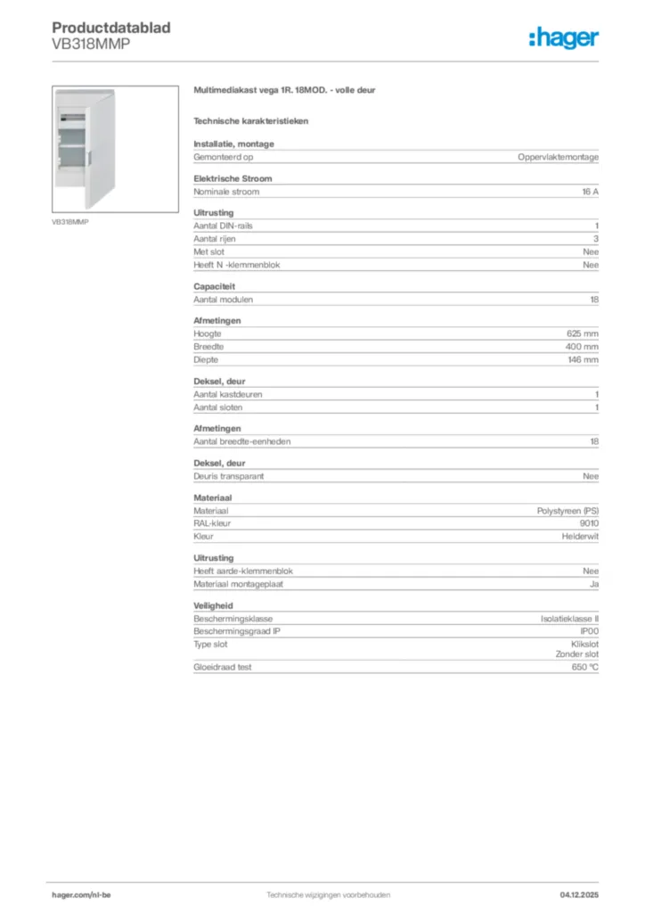 Afbeelding Hager Productdatablad VB318MMP | Hager Belgium
