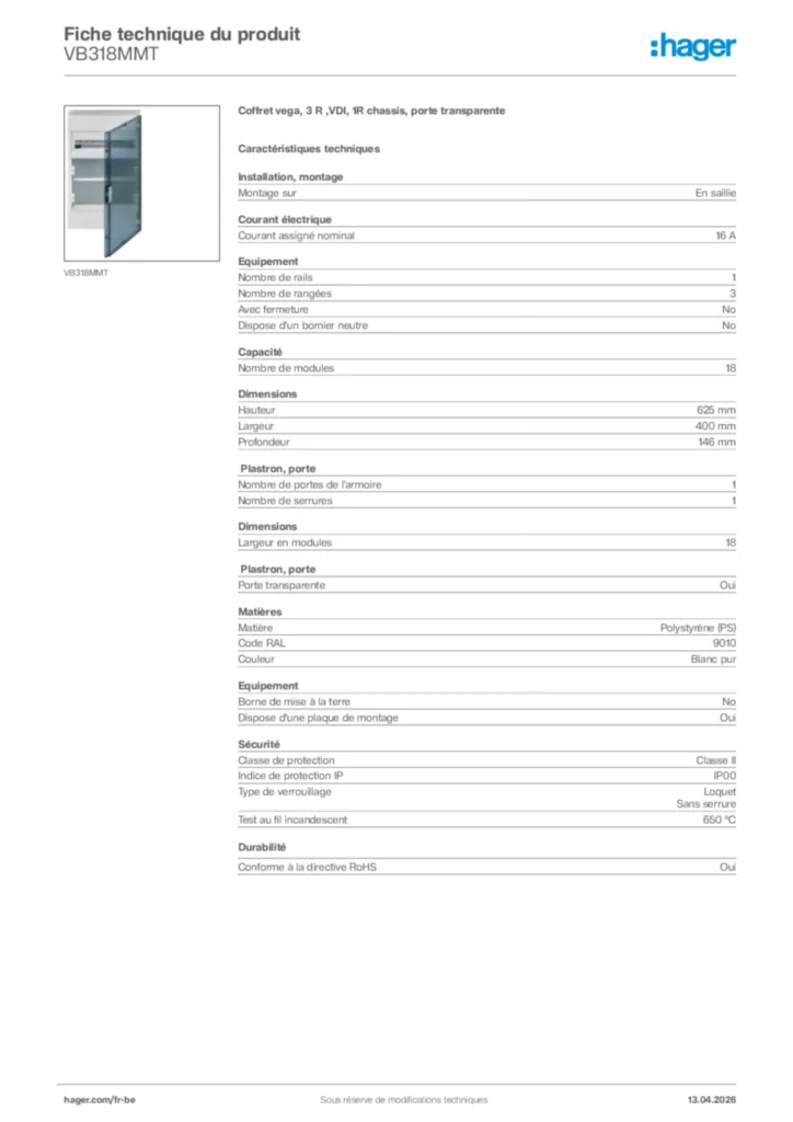 Image Hager Fiche technique du produit VB318MMT | Hager Belgique