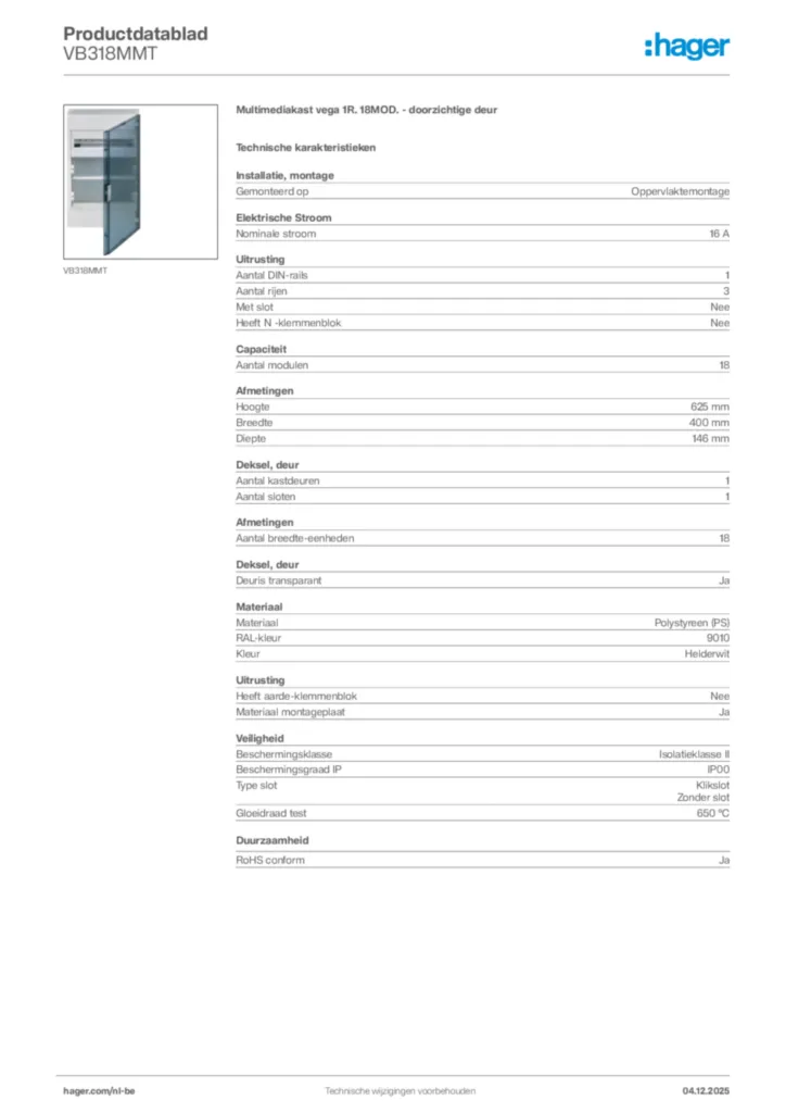 Afbeelding Hager Productdatablad VB318MMT | Hager Belgium