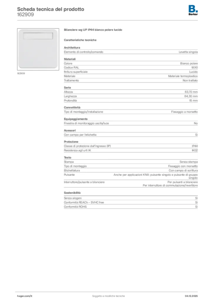 Immagine Berker Scheda tecnica del prodotto 162909 | Hager Italia