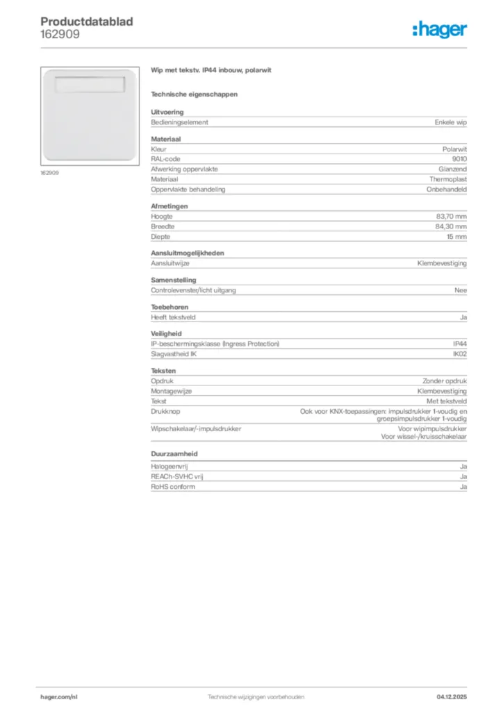 Afbeelding Hager Productdatablad 162909 | Hager Nederland