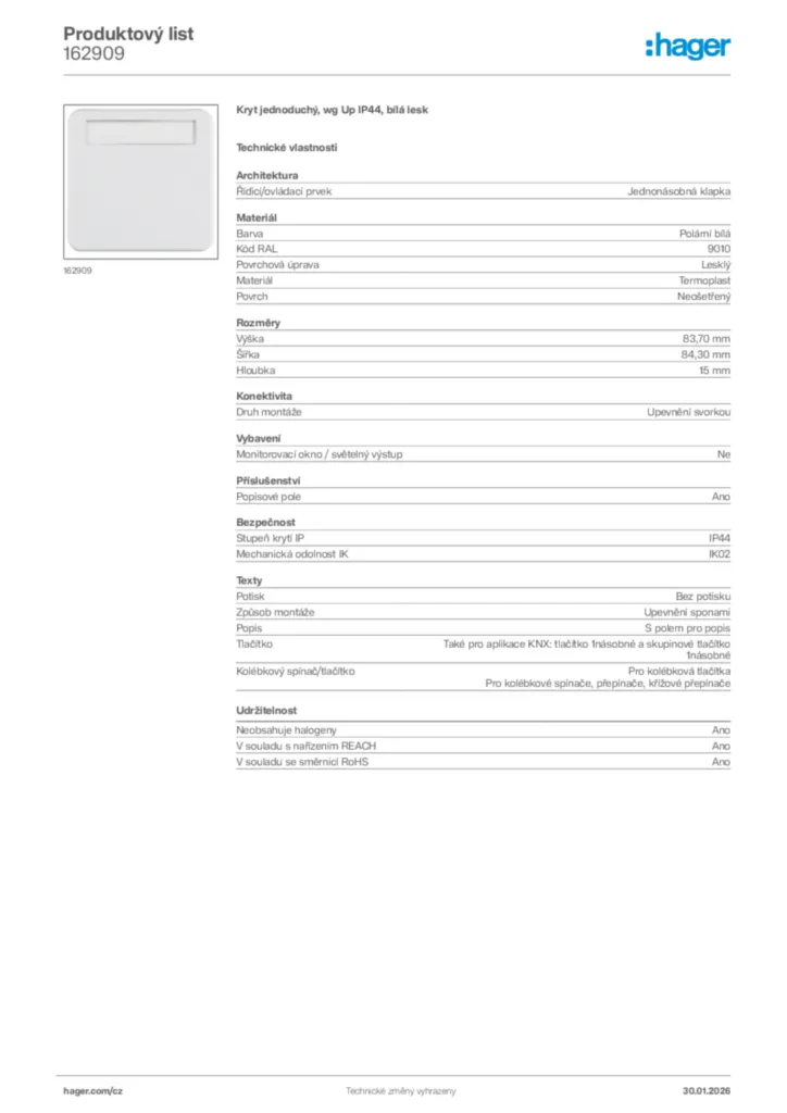 Obrázek Hager Product data sheet 162909 | Hager