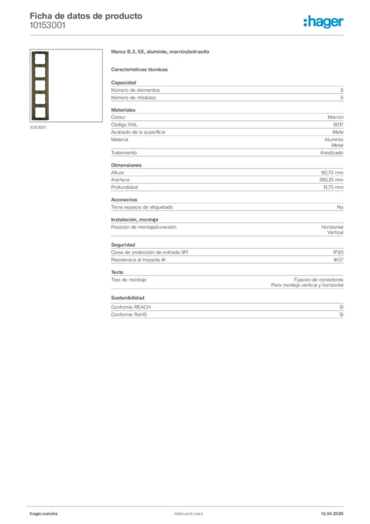 Imagen Hager Ficha de datos de producto 10153001 | Hager España