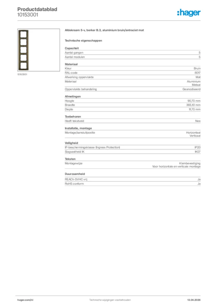 Afbeelding Hager Productdatablad 10153001 | Hager Nederland