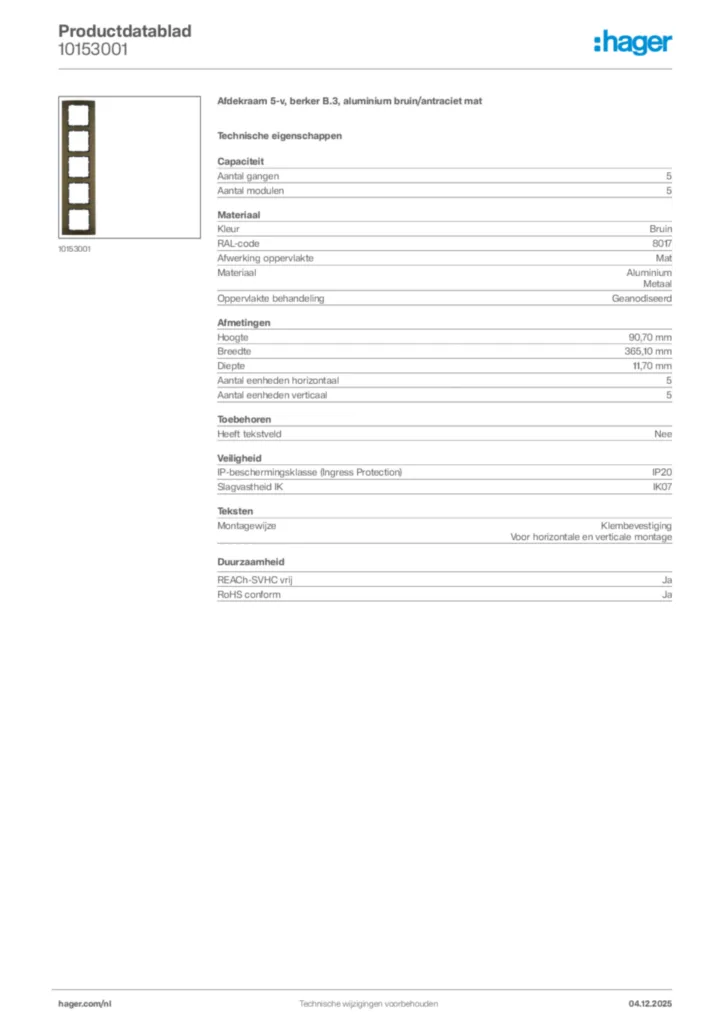 Afbeelding Hager Productdatablad 10153001 | Hager Nederland