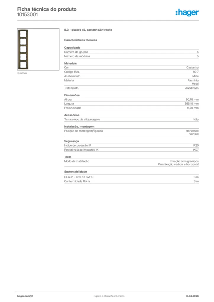 Imagem Hager Ficha técnica do produto 10153001 | Hager Portugal