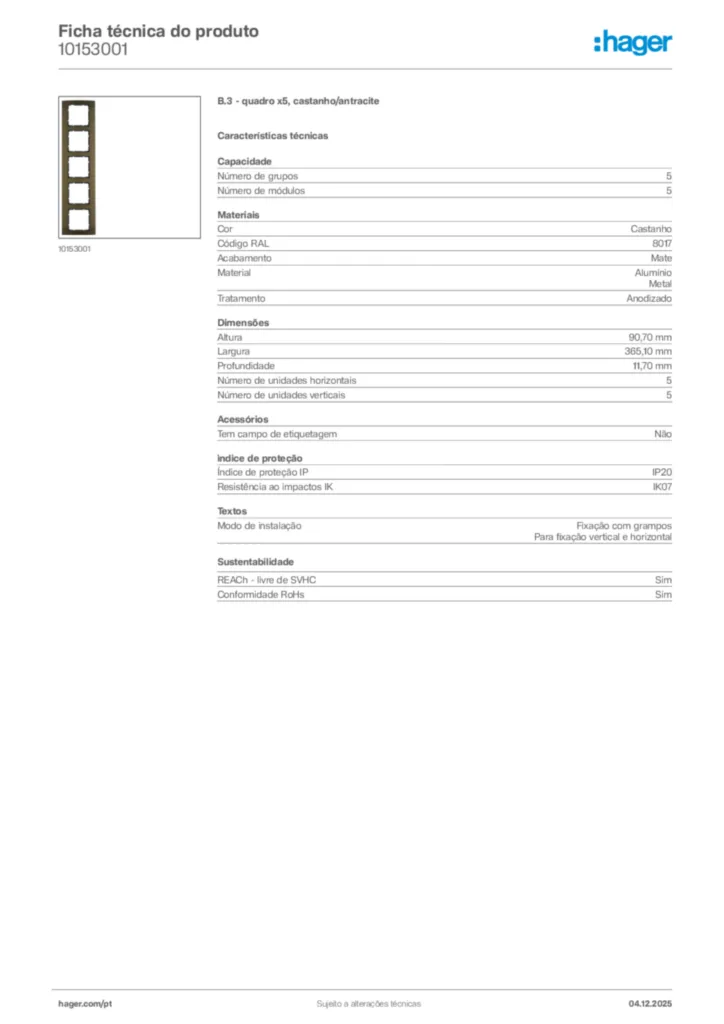 Imagem Hager Ficha técnica do produto 10153001 | Hager Portugal