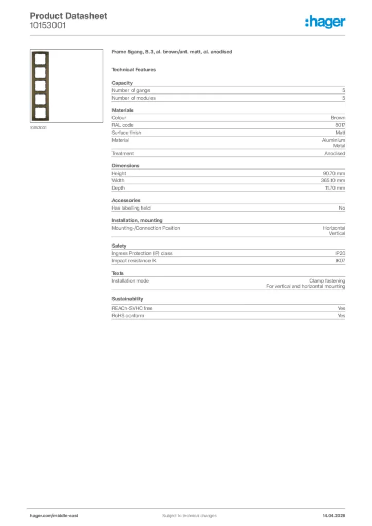 Image Hager Product data sheet 10153001  | Hager