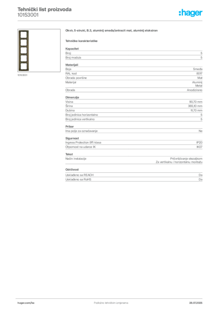 Slika Hager Product data sheet 10153001  | Hager