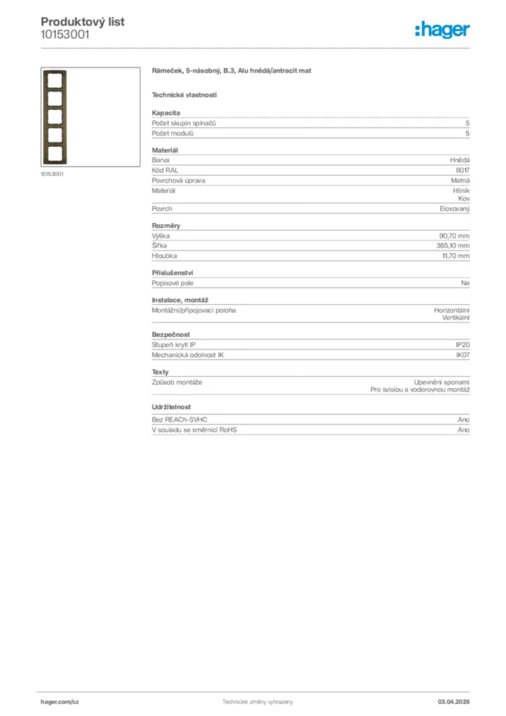 Obrázek Hager Product data sheet 10153001 | Hager