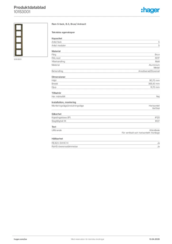 Bild Hager Produktdatablad 10153001 | Hager Sverige