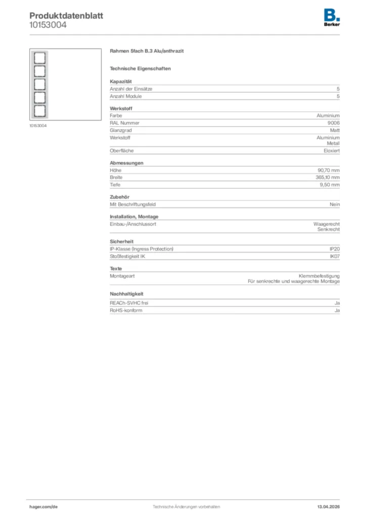 Bild Berker Produktdatenblatt 10153004 | Hager Deutschland