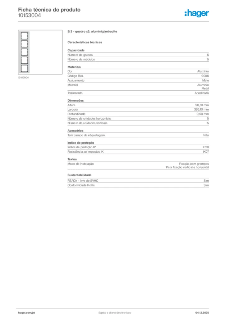Imagem Hager Ficha técnica do produto 10153004 | Hager Portugal