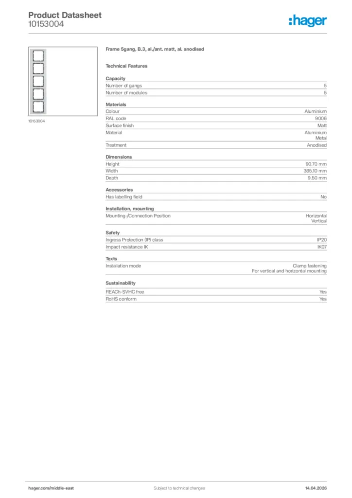 Image Hager Product data sheet 10153004  | Hager