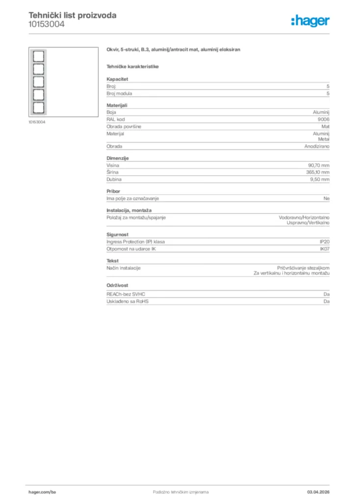 Slika Hager Tehnički list proizvoda 10153004  | Hager