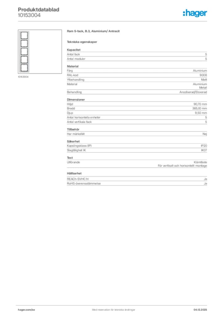 Bild Hager Produktdatablad 10153004 | Hager Sverige