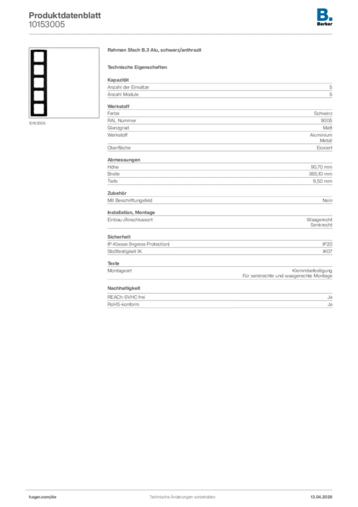 Bild Berker Produktdatenblatt 10153005 | Hager Deutschland
