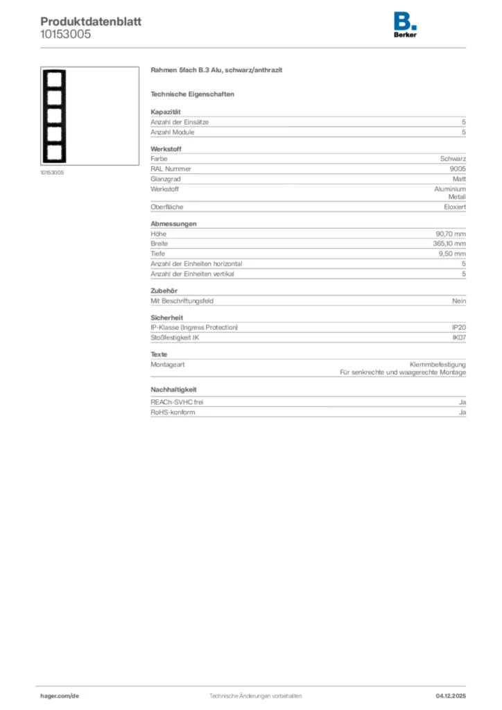 Bild Berker Produktdatenblatt 10153005 | Hager Deutschland