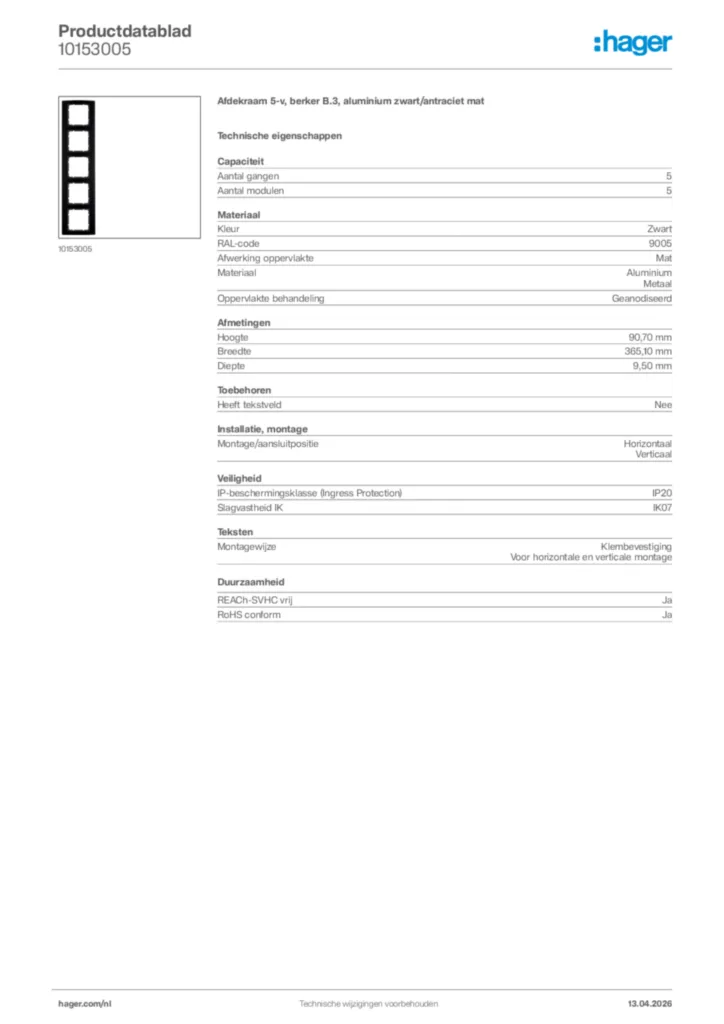 Afbeelding Hager Productdatablad 10153005 | Hager Nederland