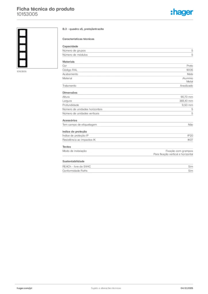 Imagem Hager Ficha técnica do produto 10153005 | Hager Portugal