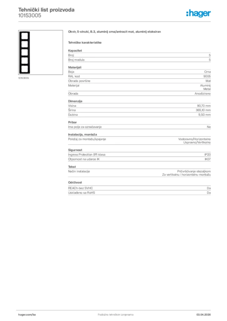 Slika Hager Tehnički list proizvoda 10153005  | Hager