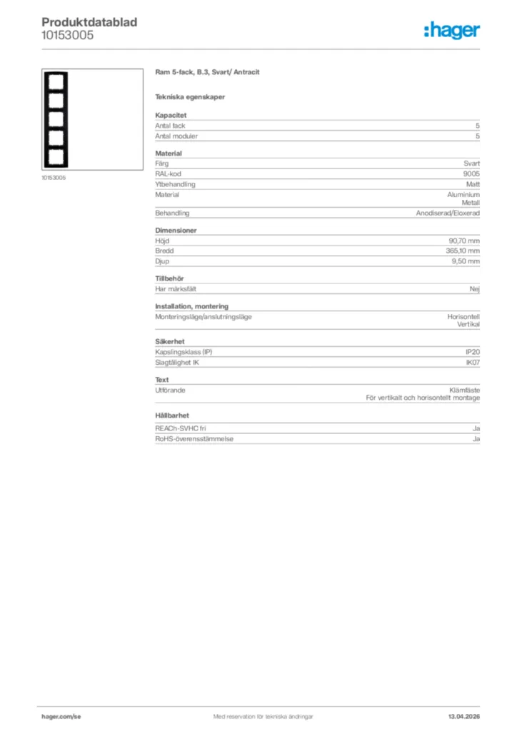 Bild Hager Produktdatablad 10153005 | Hager Sverige