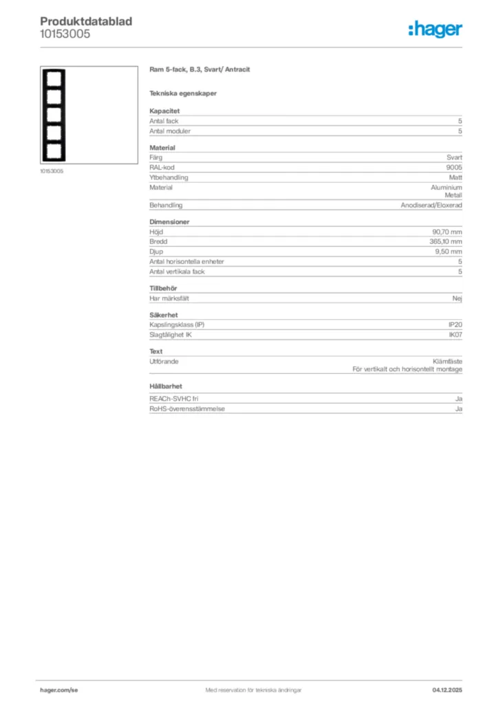 Bild Hager Produktdatablad 10153005 | Hager Sverige