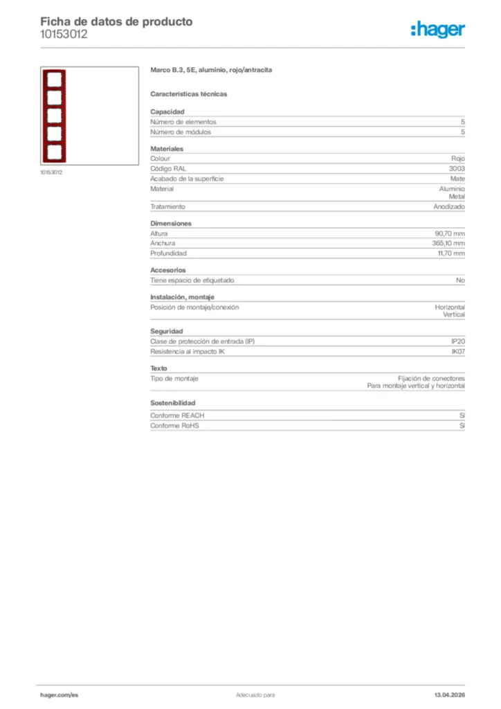 Imagen Hager Ficha de datos de producto 10153012 | Hager España