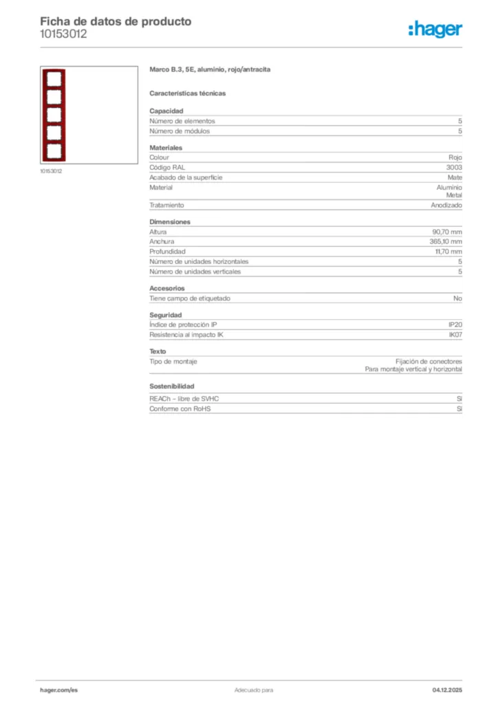 Imagen Hager Ficha de datos de producto 10153012 | Hager España