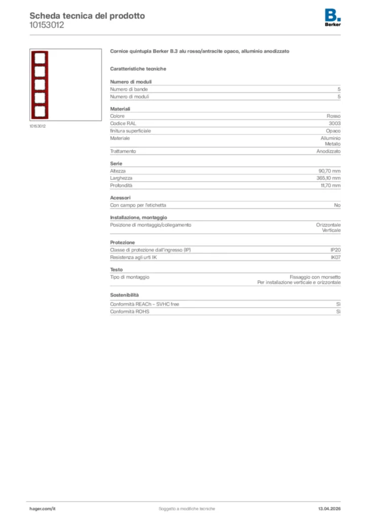 Immagine Berker Scheda tecnica del prodotto 10153012 | Hager Italia