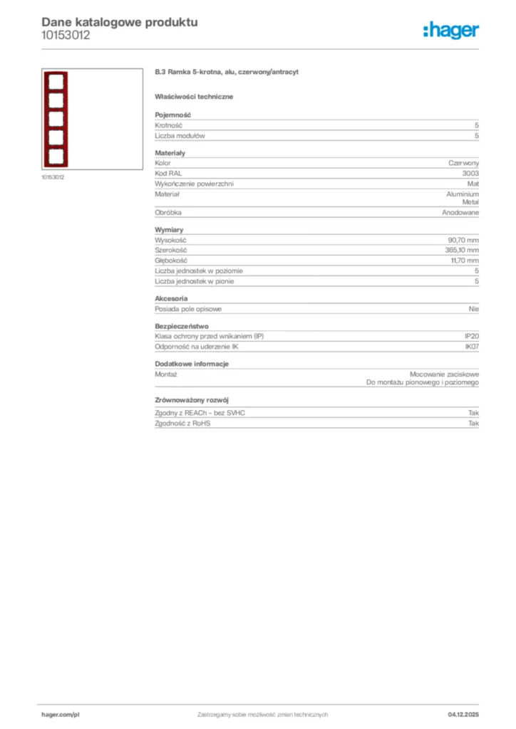 Zdjęcie Hager Karta katalogowa 10153012 | Hager Polska