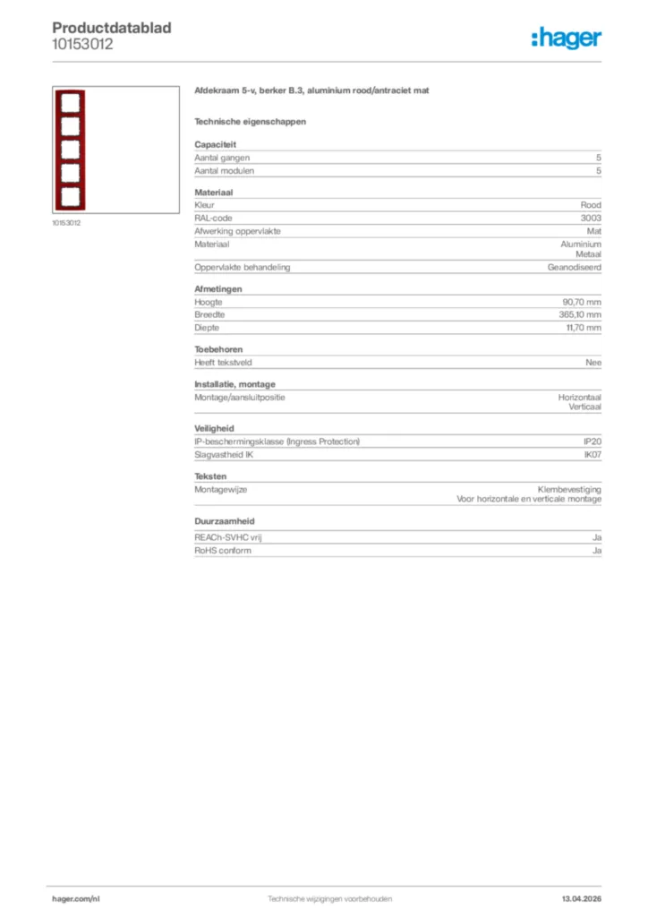 Afbeelding Hager Productdatablad 10153012 | Hager Nederland