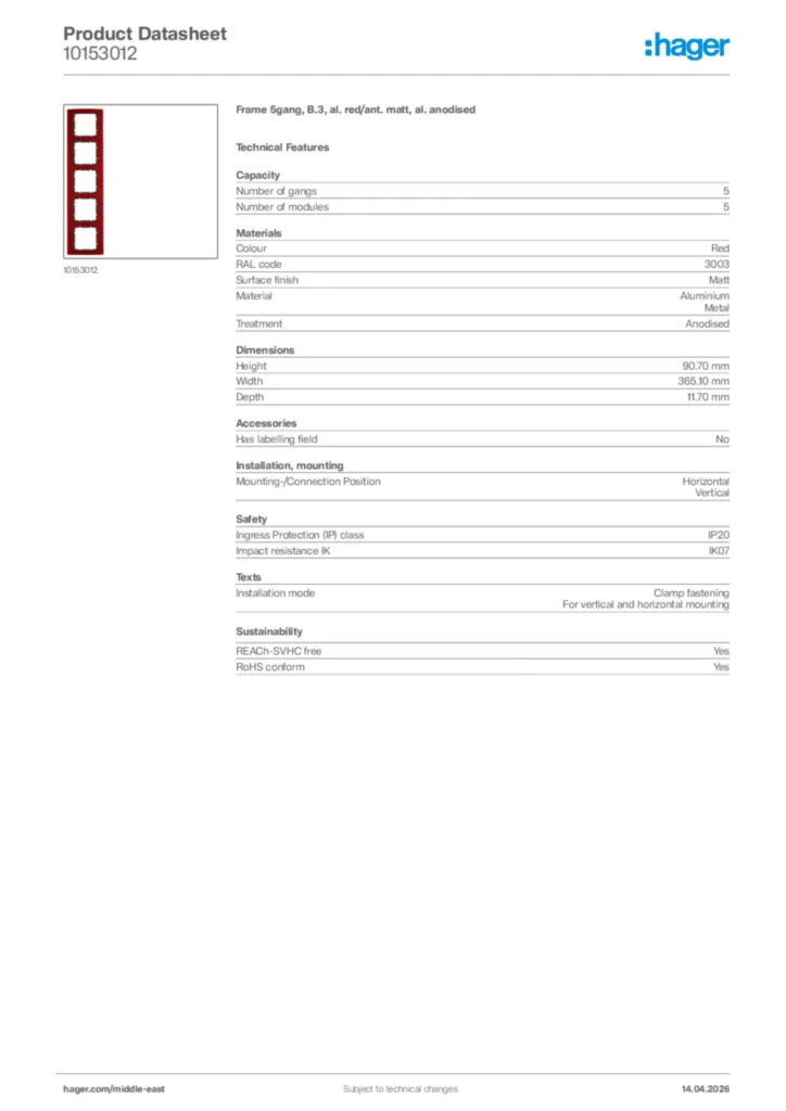 Image Hager Product data sheet 10153012  | Hager