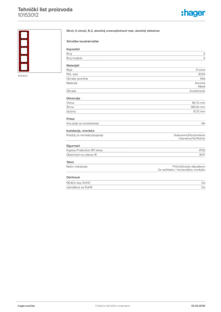 Slika Hager Tehnički list proizvoda 10153012  | Hager
