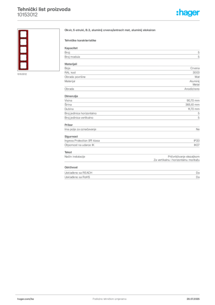 Slika Hager Product data sheet 10153012  | Hager