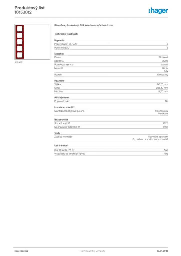 Obrázek Hager Product data sheet 10153012 | Hager