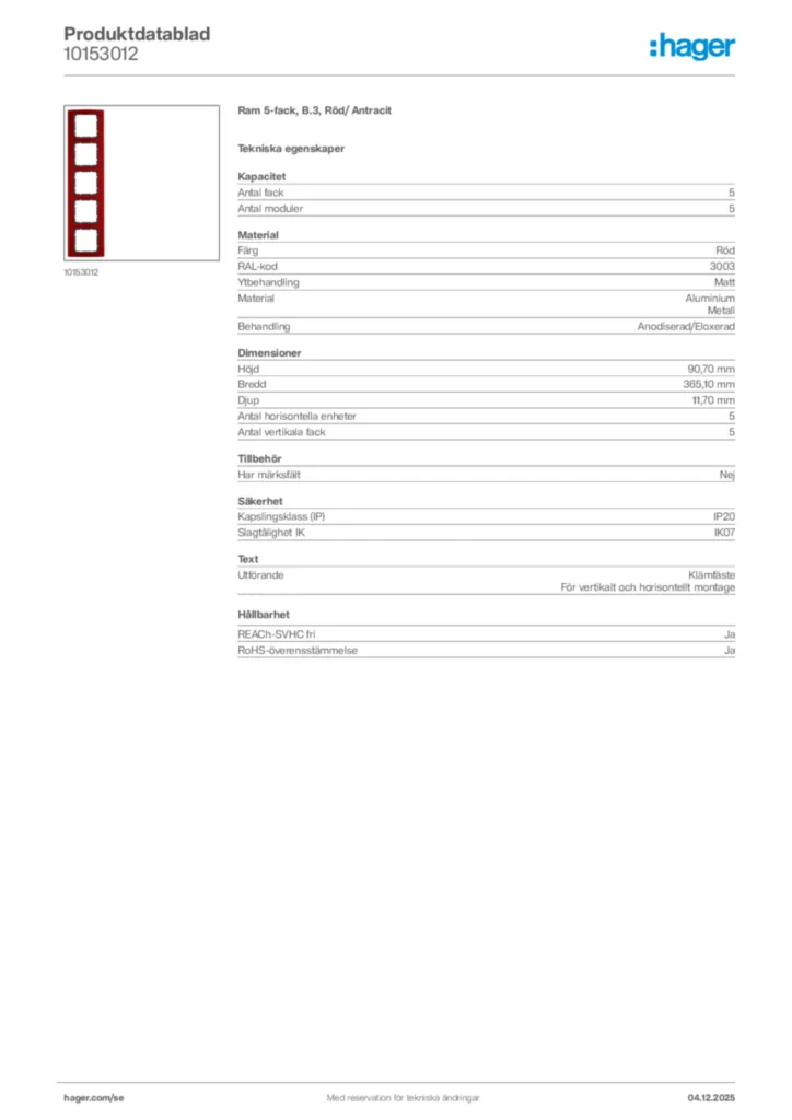 Bild Hager Produktdatablad 10153012 | Hager Sverige