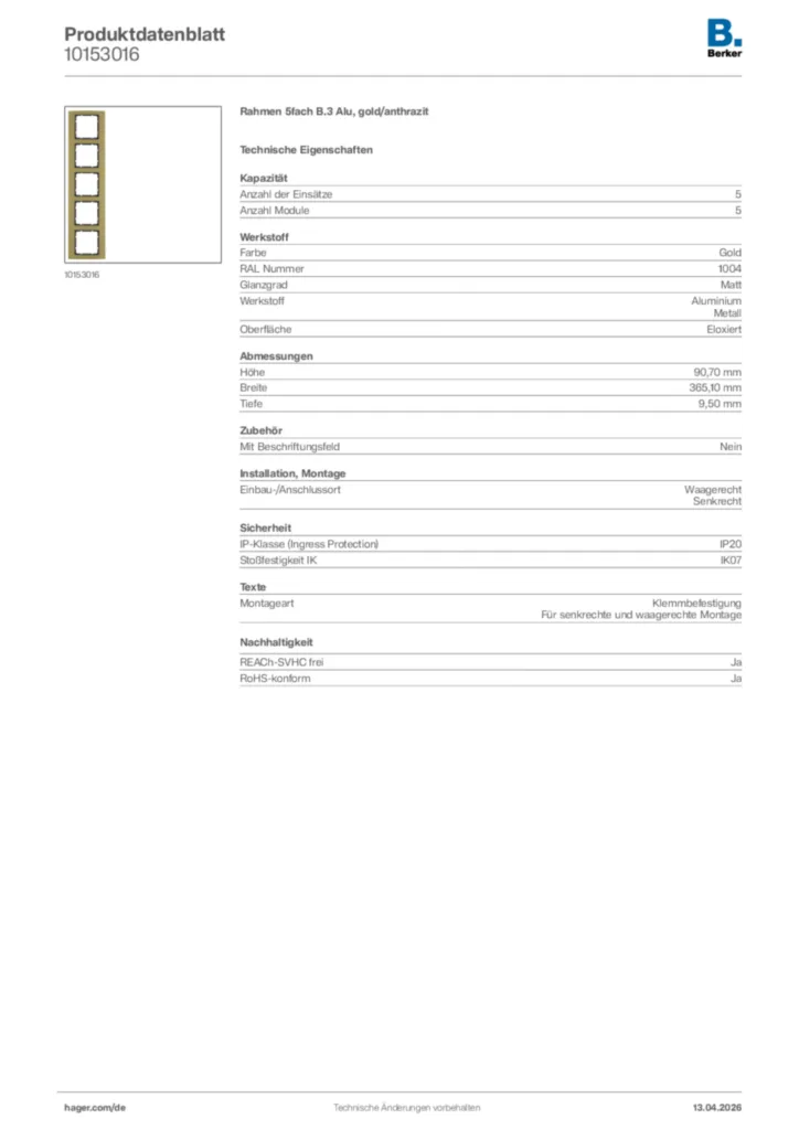 Bild Berker Produktdatenblatt 10153016 | Hager Deutschland