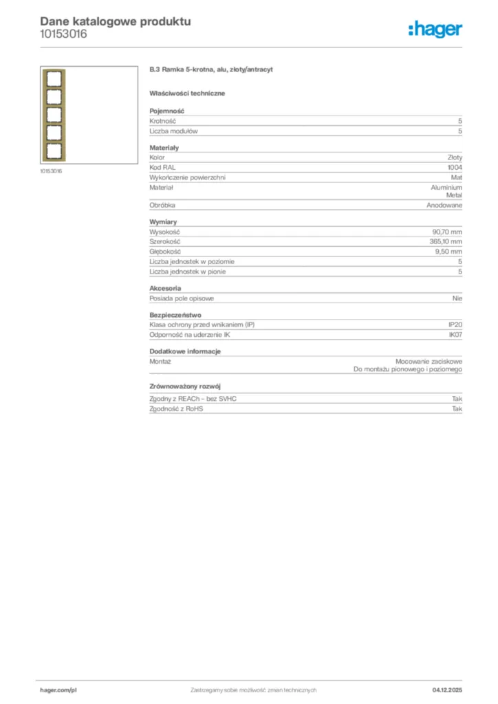 Zdjęcie Hager Karta katalogowa 10153016 | Hager Polska