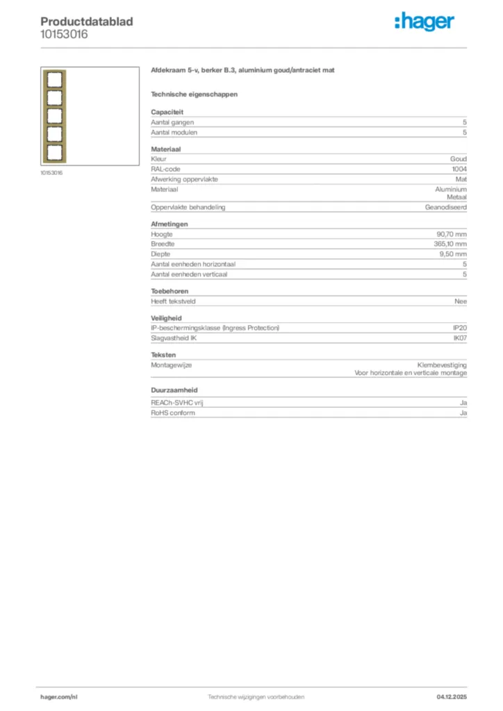 Afbeelding Hager Productdatablad 10153016 | Hager Nederland