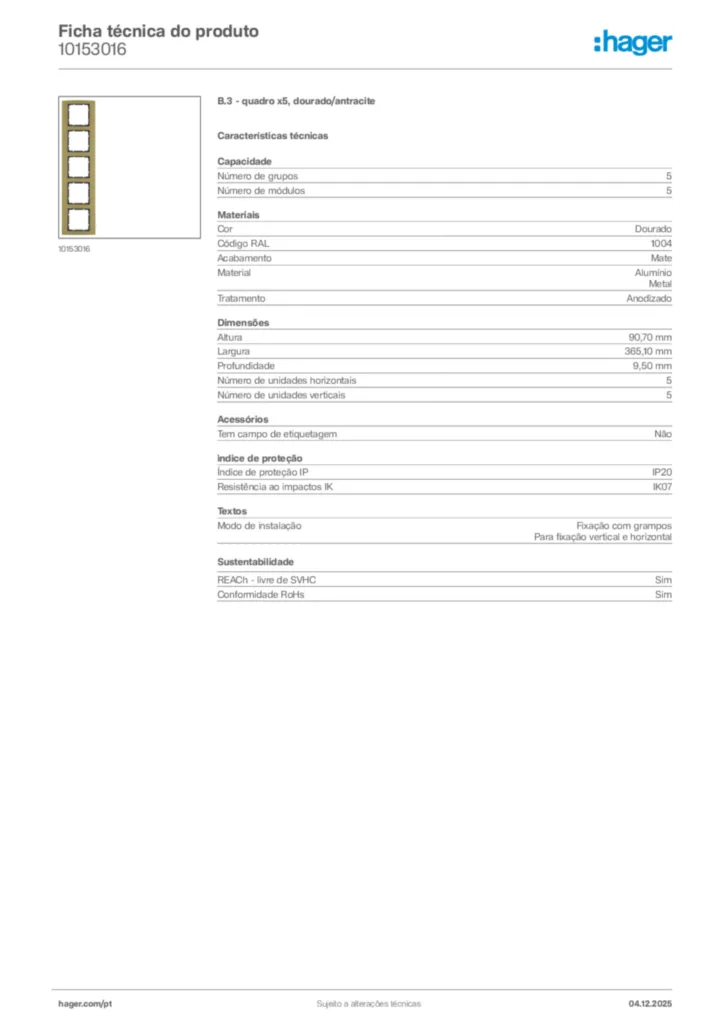 Imagem Hager Ficha técnica do produto 10153016 | Hager Portugal