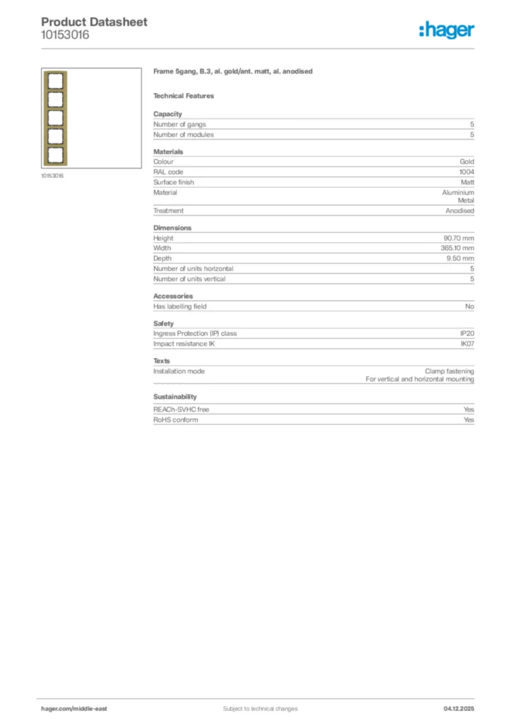Image Hager Product data sheet 10153016  | Hager
