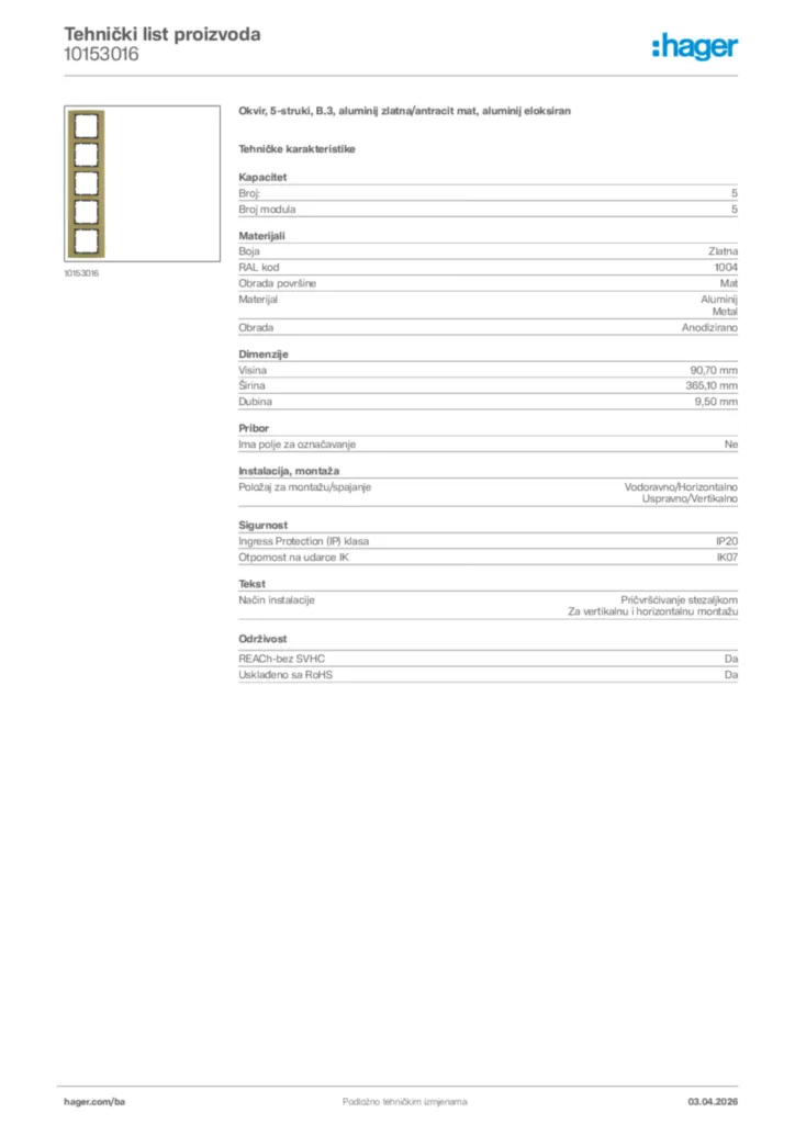 Slika Hager Tehnički list proizvoda 10153016  | Hager